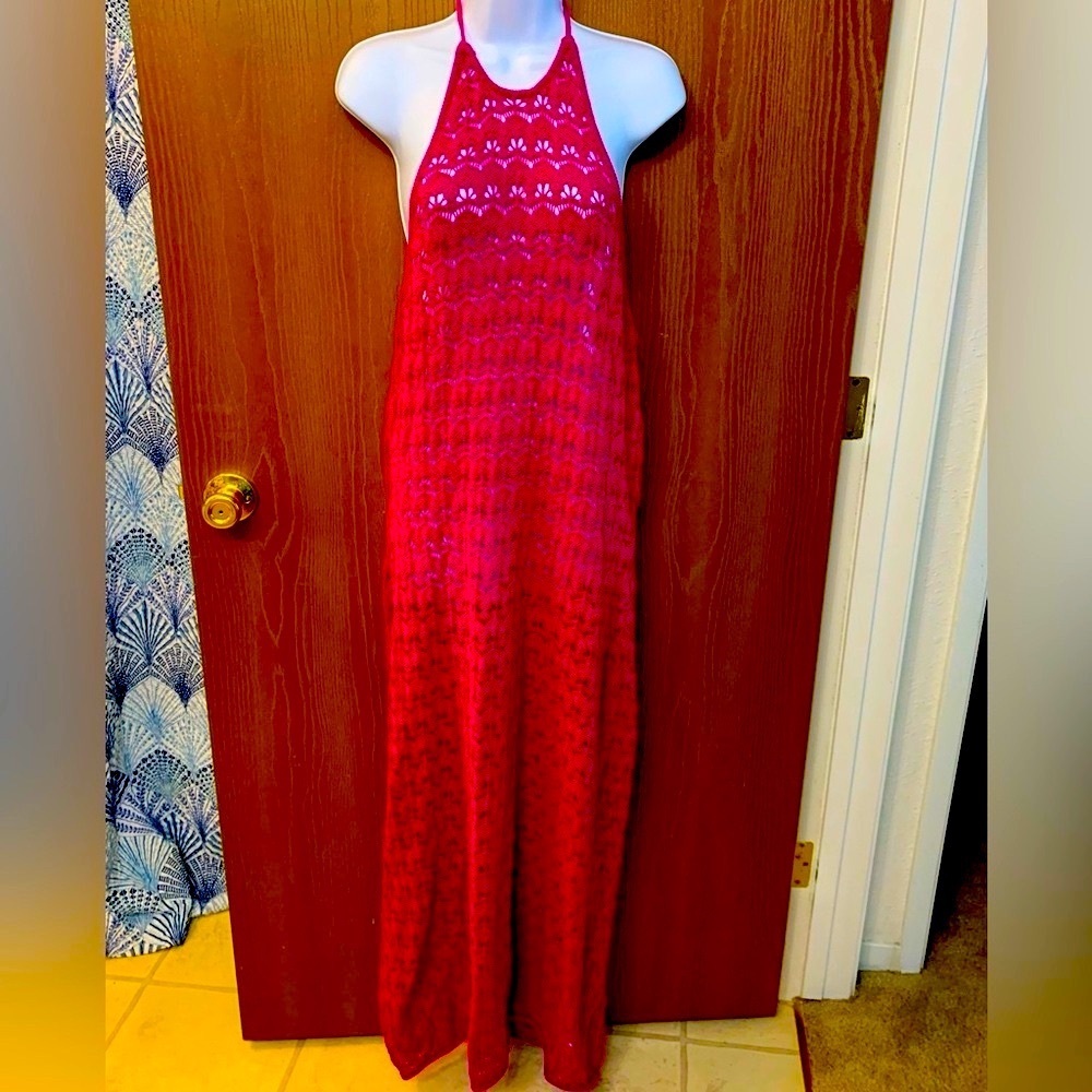 Wine/Pink Crochet Halter Maxi Dress XL
